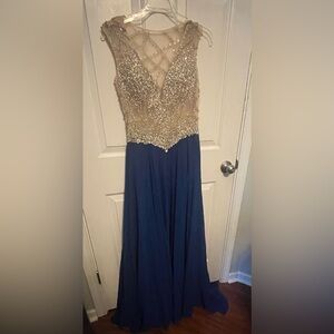 Elegant Blue and Gold Evening Gown